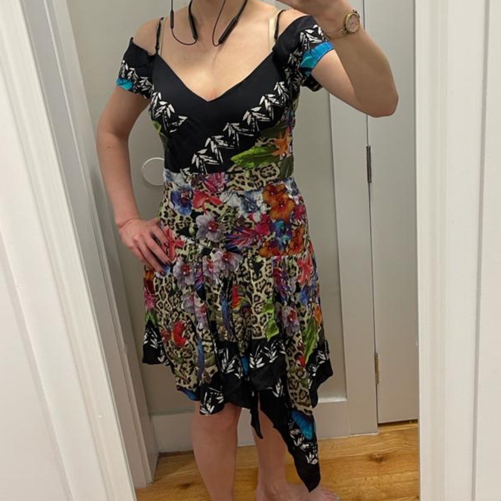 100% Silk asymmetric off the shoulder dress